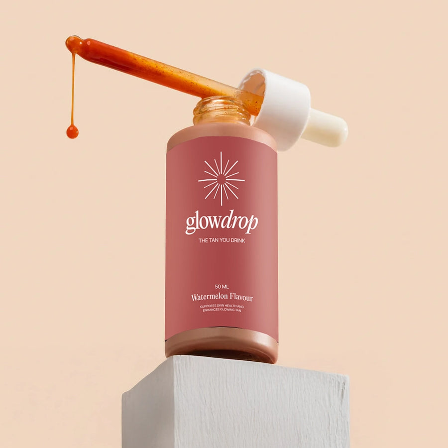 GlowDrop watermelon-flavour tanning drops bottle and dropper